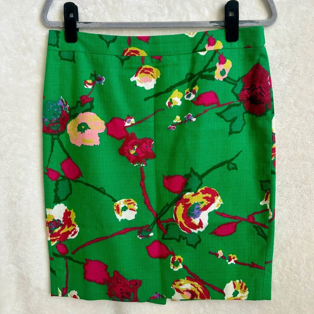 J. Crew Green Floral Cotton Blend Pencil Skirt Pink Yellow‎ Roses Size 6